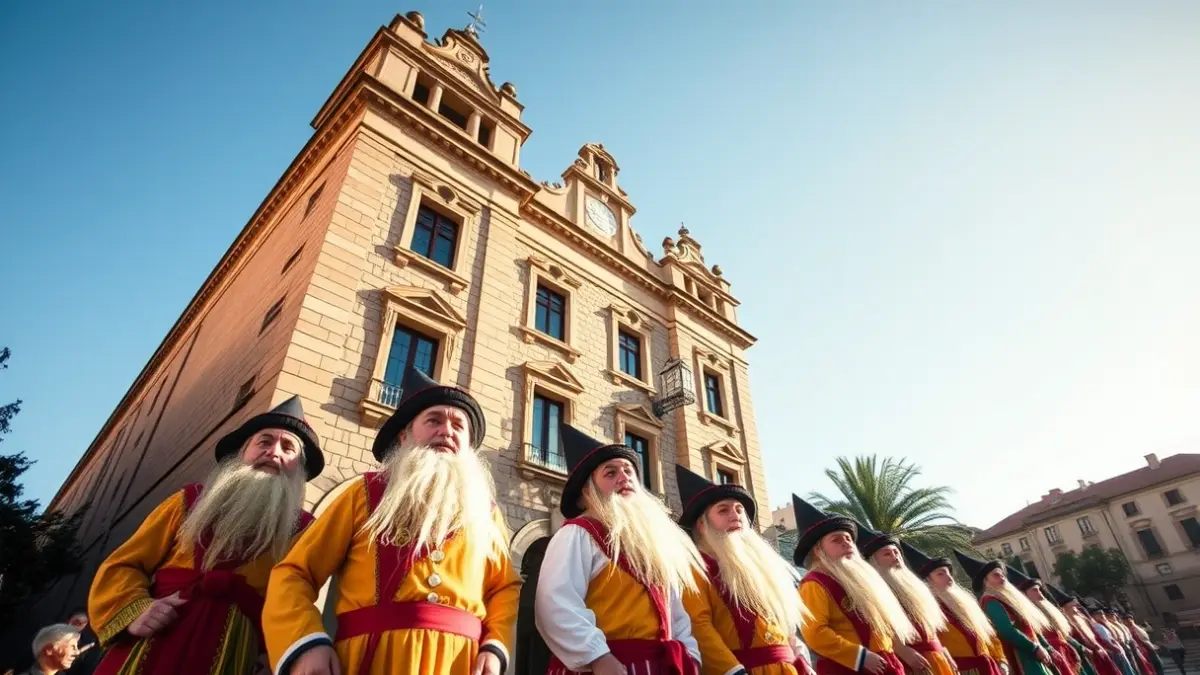 Imagen de gigantes tradicionales catalanes frente a un ayuntamiento.