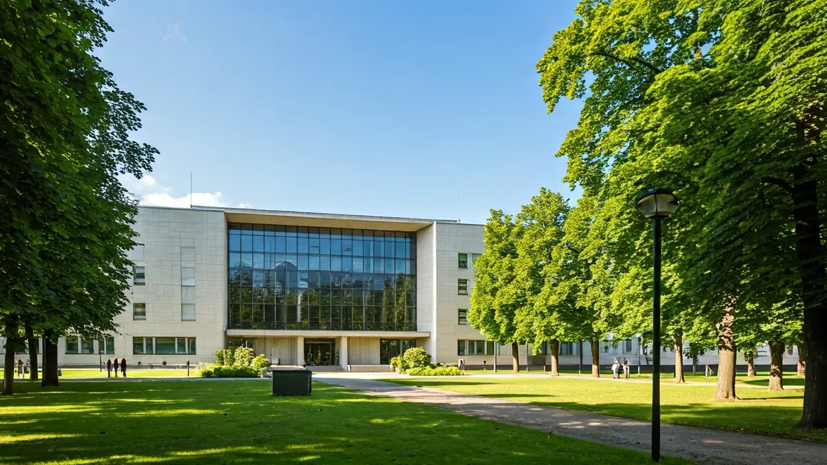 Imatge genèrica d'un edifici universitari modern amb finestrals i arbres.