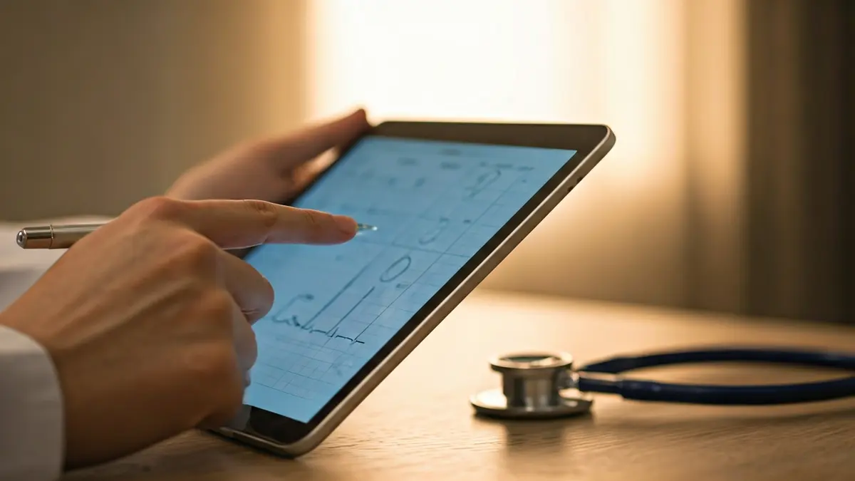 Imatge genèrica de tecnologia aplicada a la salut, amb una mà sostenint una tauleta i un estetoscopi.