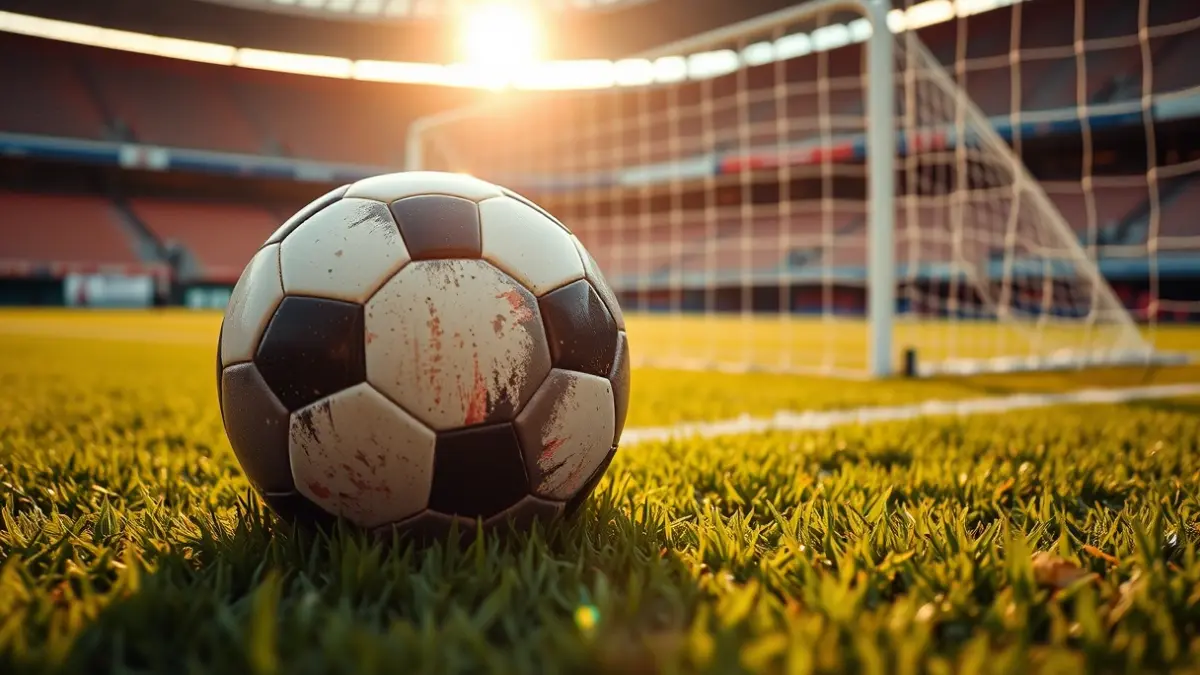 Generic image of a soccer ball on a grass field, with the goal in the background.