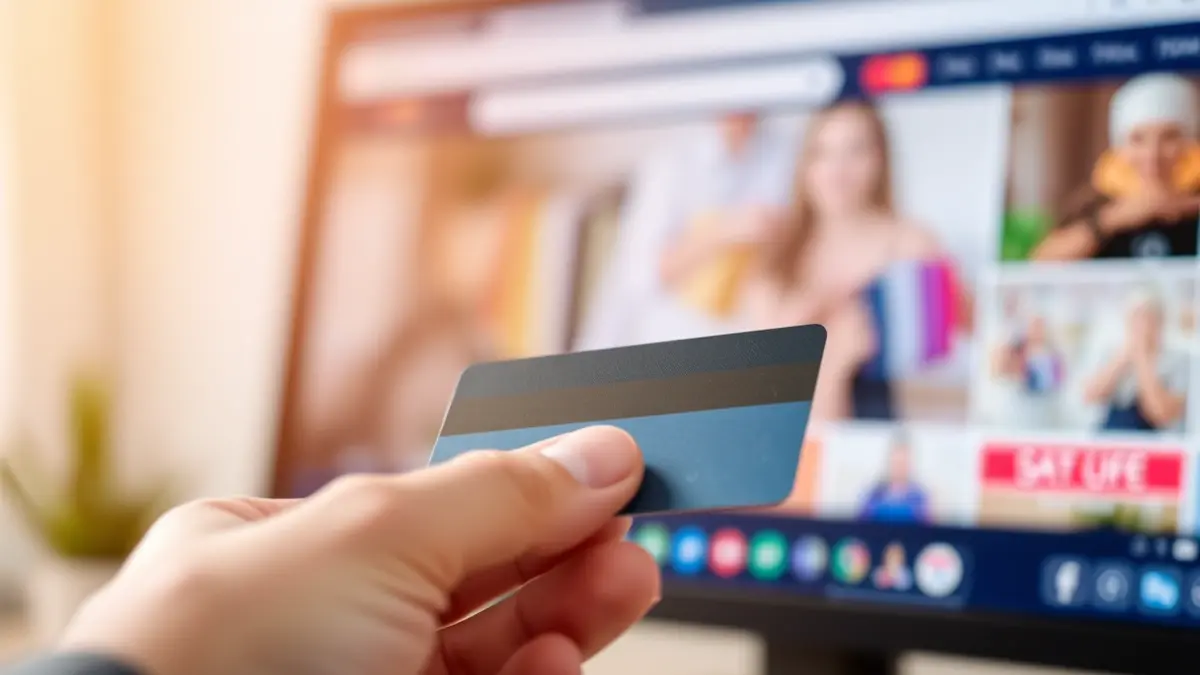 Generic image of a hand holding a credit card, with a computer screen in the background.