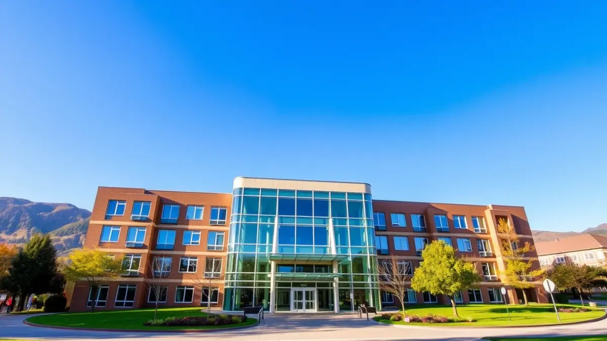 Imatge d'un edifici universitari modern en un entorn muntanyós.