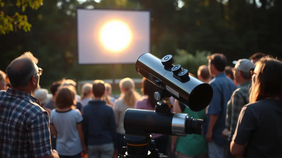 Imagen de un taller de observación solar al aire libre con un telescopio proyectando el sol en una pantalla.