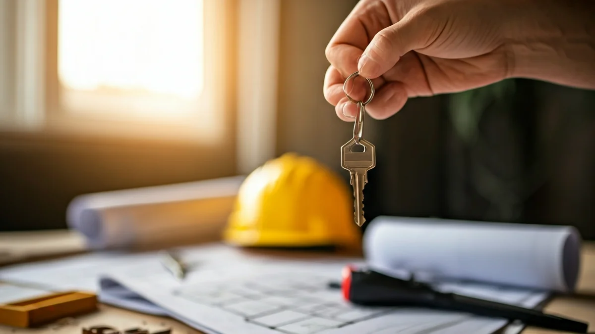 Imagen genérica de una mano sosteniendo una llave, con planos y herramientas de construcción desenfocados al fondo.
