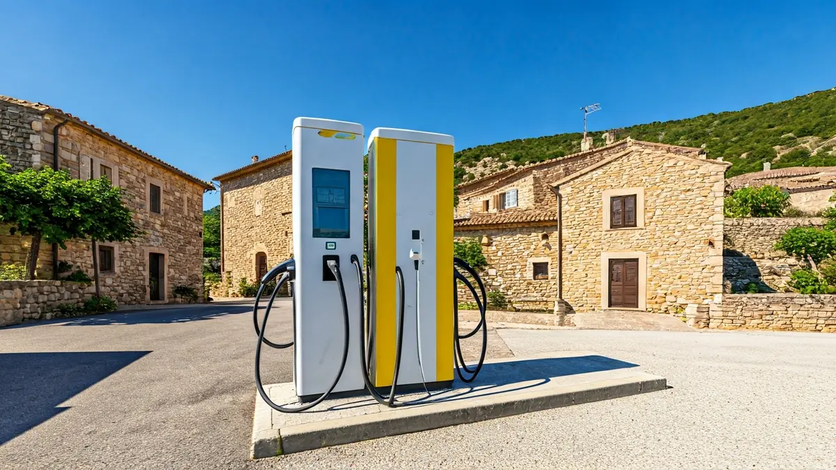 Punt de recàrrega elèctrica per a vehicles en un entorn rural.