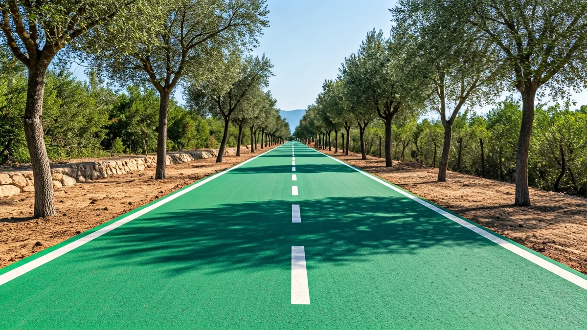 Imagen genérica de un tramo de vía verde con árboles jóvenes y paisaje mediterráneo al fondo.