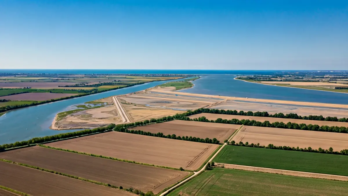 Aerial image of the Tordera delta with agricultural fields and the river flowing into the sea.