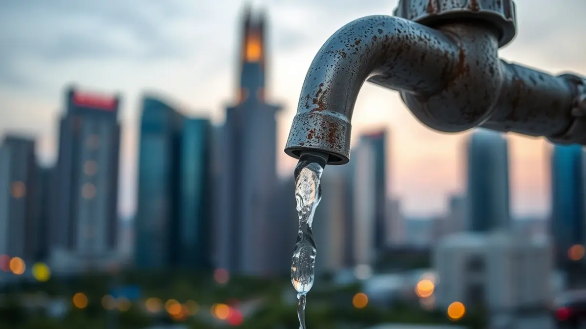 Imagen genérica de un grifo con un pequeño chorro de agua, con un fondo borroso de una ciudad al atardecer.
