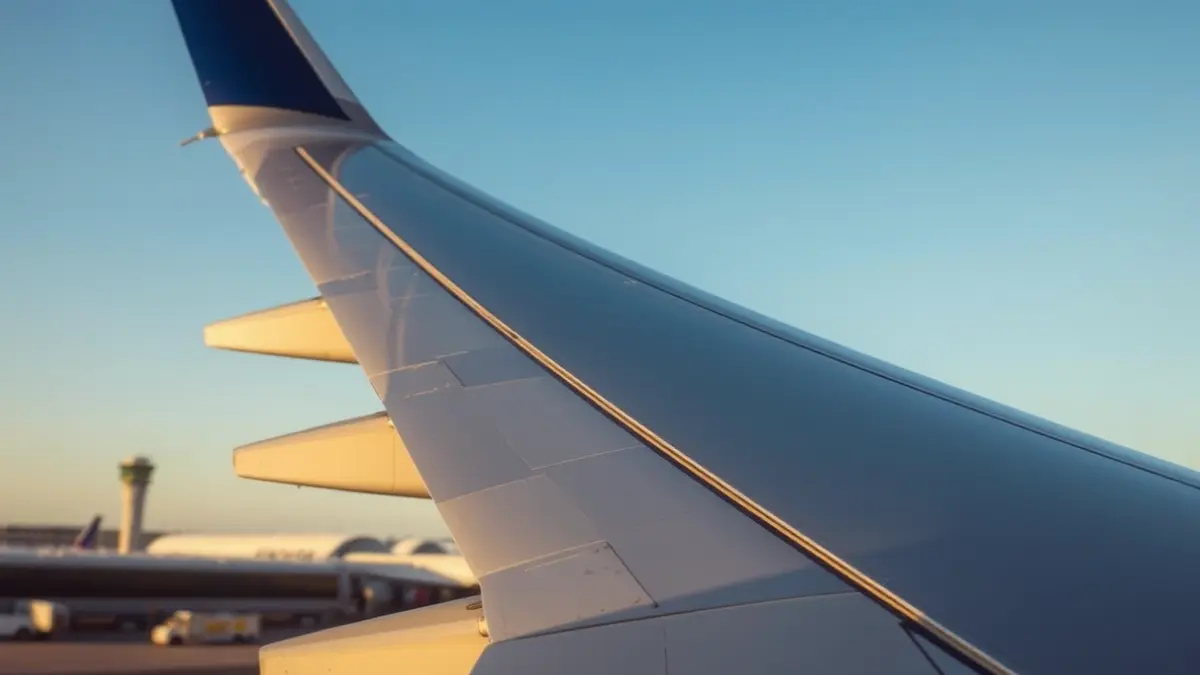 Imagen genérica de un avión en el aeropuerto, con el ala en primer plano y el cielo azul de fondo.