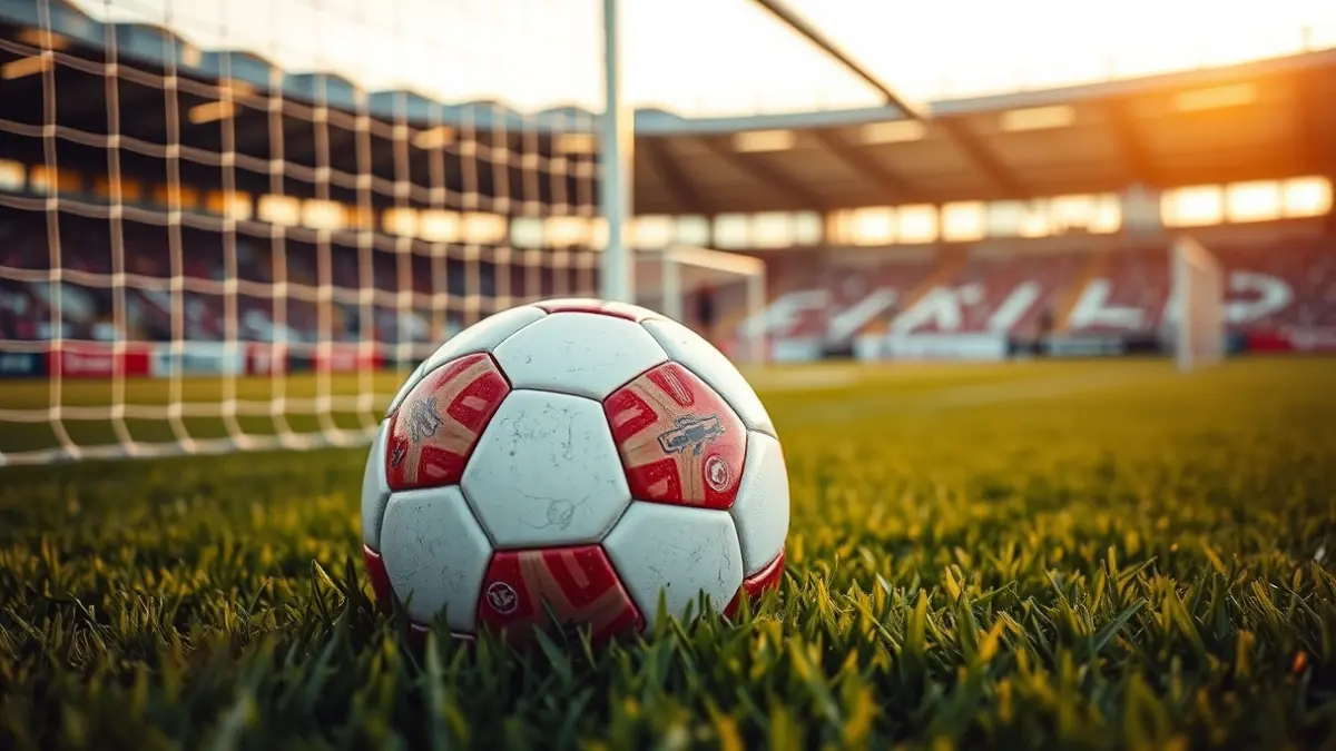 Generic image of a soccer ball on a grass field, with a blurred goal in the background.