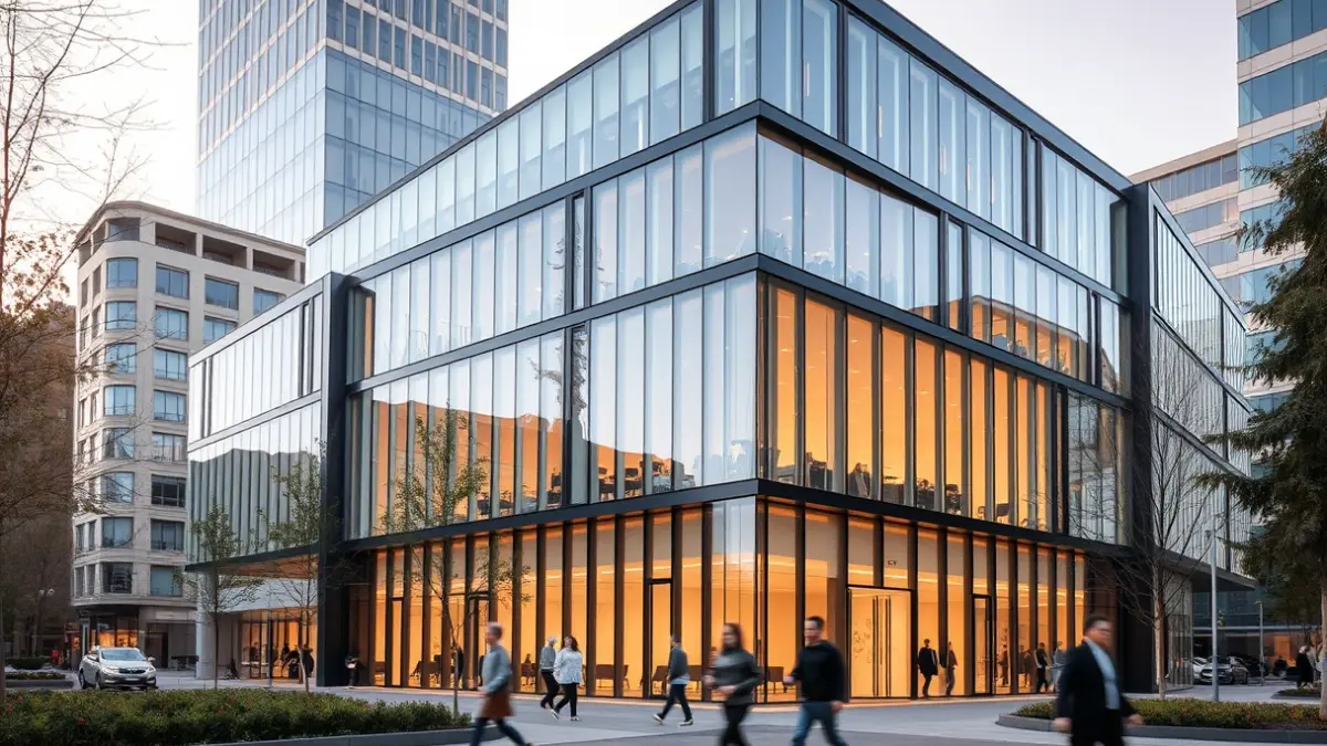 Imatge d'un edifici modern amb façanes de vidre i disseny permeable, integrat en un paisatge urbà.