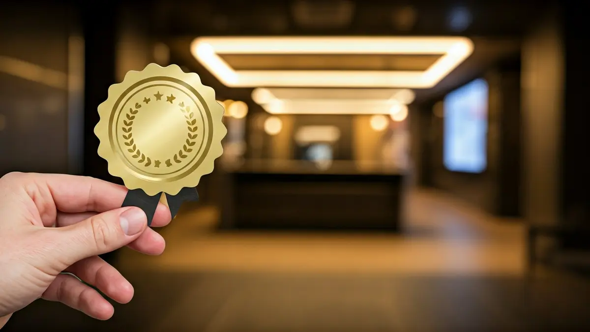 Imagen genérica de una mano sosteniendo un sello de calidad o un certificado de reconocimiento.