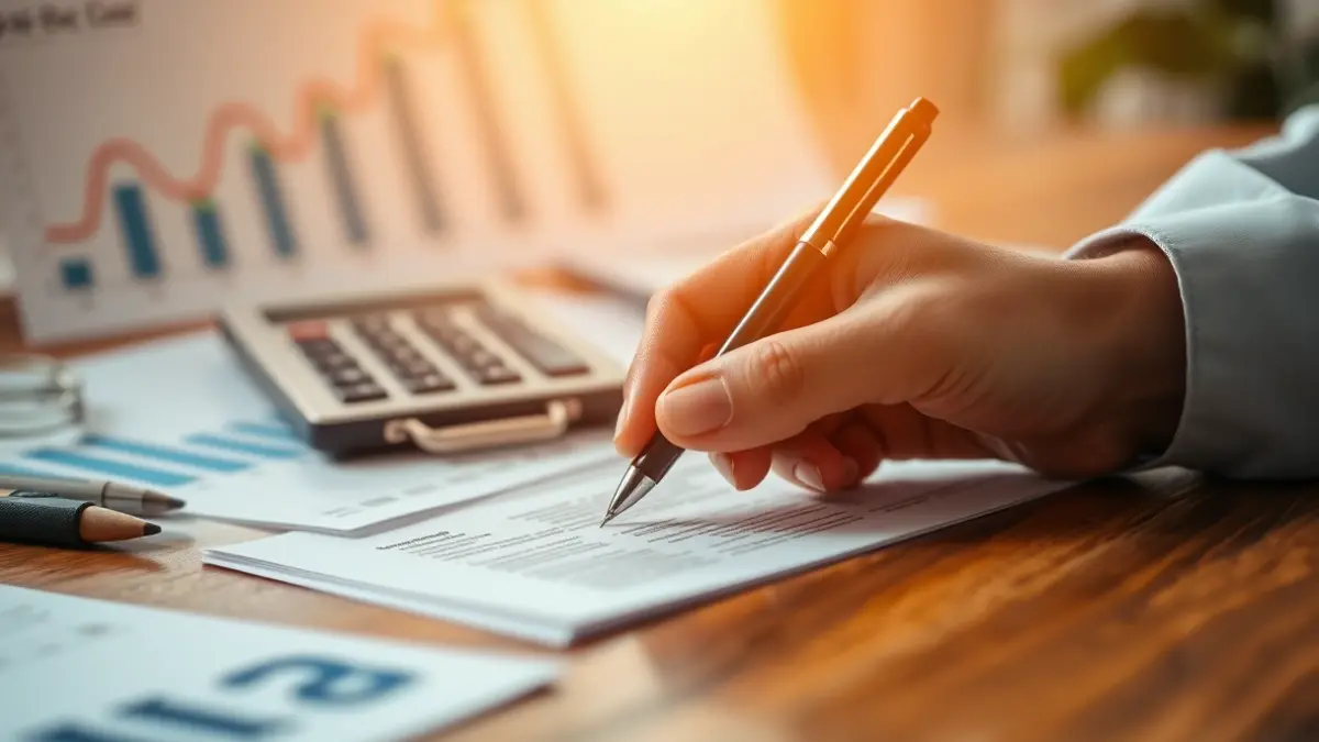 Generic image of financial documents and a hand signing, symbolizing economic recovery.