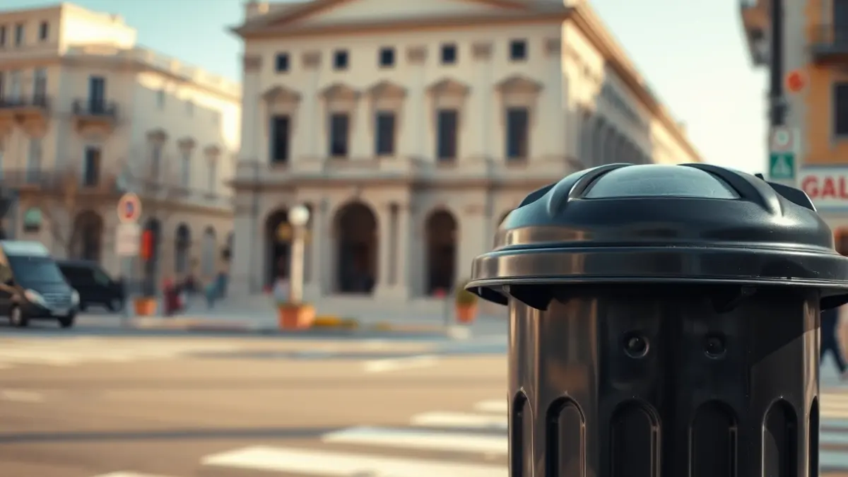 Generic image of a waste bin on a clean street in a Mediterranean city, with the city hall in the background.