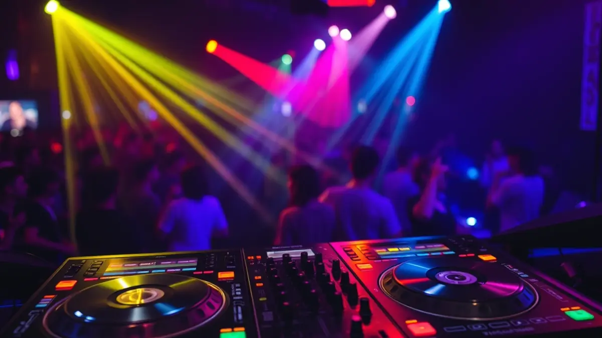 Generic image of a DJ mixing console with colorful lights.