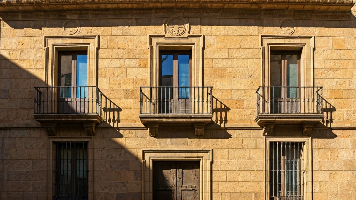 Imatge genèrica de la façana d'un ajuntament de pedra amb balcó i baranes de ferro forjat, sota la llum del sol de la tarda