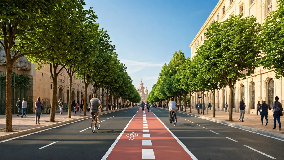 Image of a pacified urban avenue with a bike lane and trees in l'Aldea