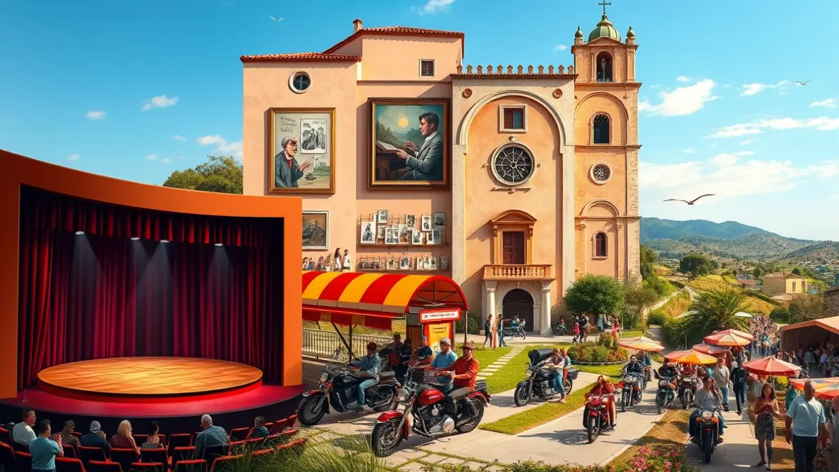 Generic image of cultural and leisure activities in a Mediterranean setting, featuring theater, exhibitions, classical music, motorcycles, and a local festival.