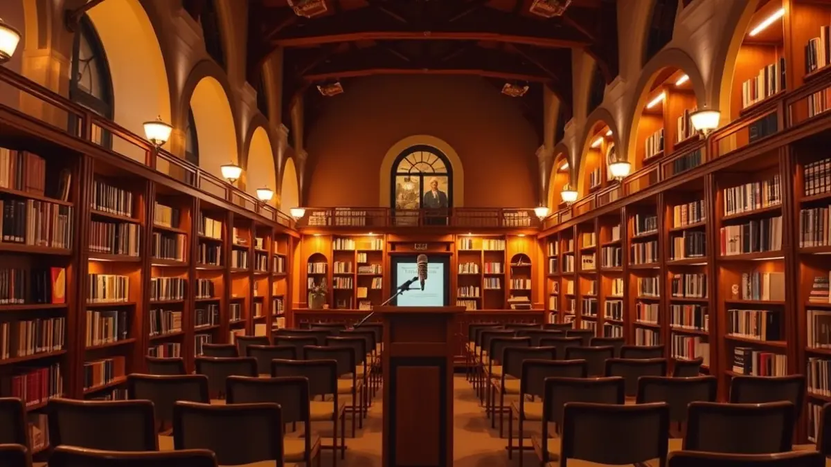 Generic image of a reading room or library with a podium and chairs.