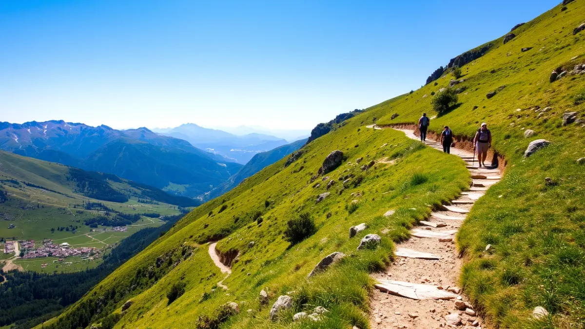 Generic image of a mountain trail in the Pyrenees, with lush vegetation and clear sky.