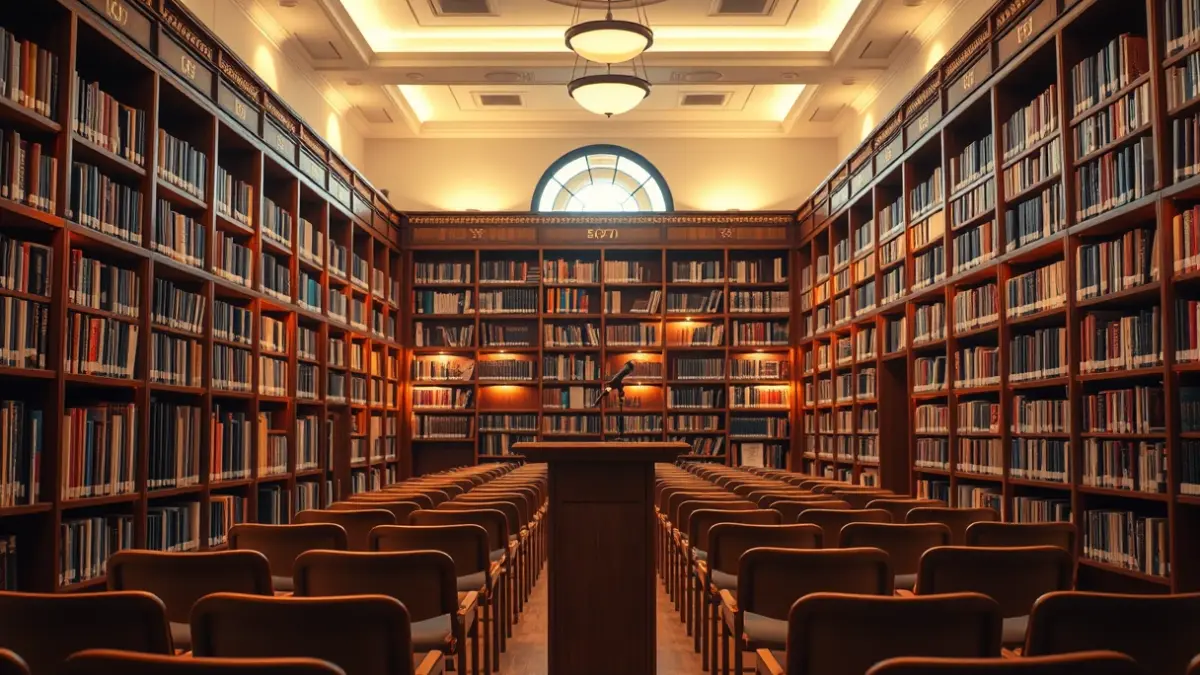 Imagen genérica de una biblioteca con estanterías de madera y un atril con micrófono.