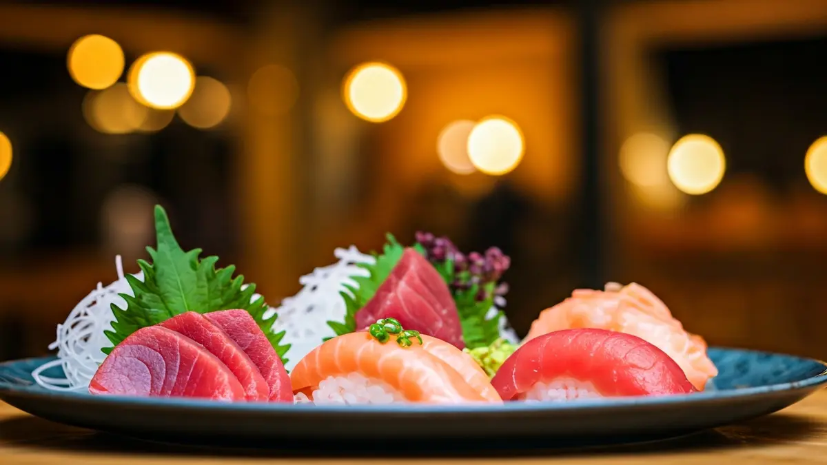 Plat amb diverses preparacions de tonyina roja, com sashimi i nigiris, en un esdeveniment gastronòmic.