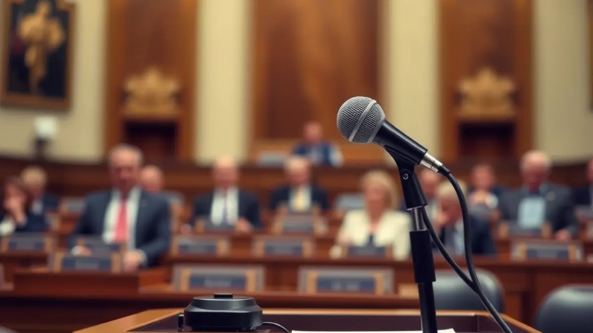 Imatge genèrica d'un micròfon en un faristol durant una assemblea política.