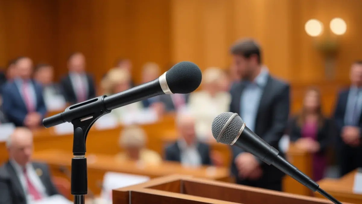 Imatge genèrica d'un micròfon en un faristol durant una reunió o assemblea.
