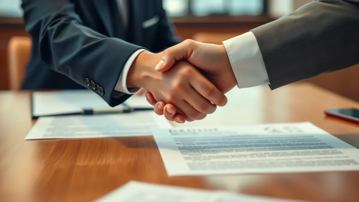 Generic image of two hands shaking in an office setting, symbolizing a business agreement.