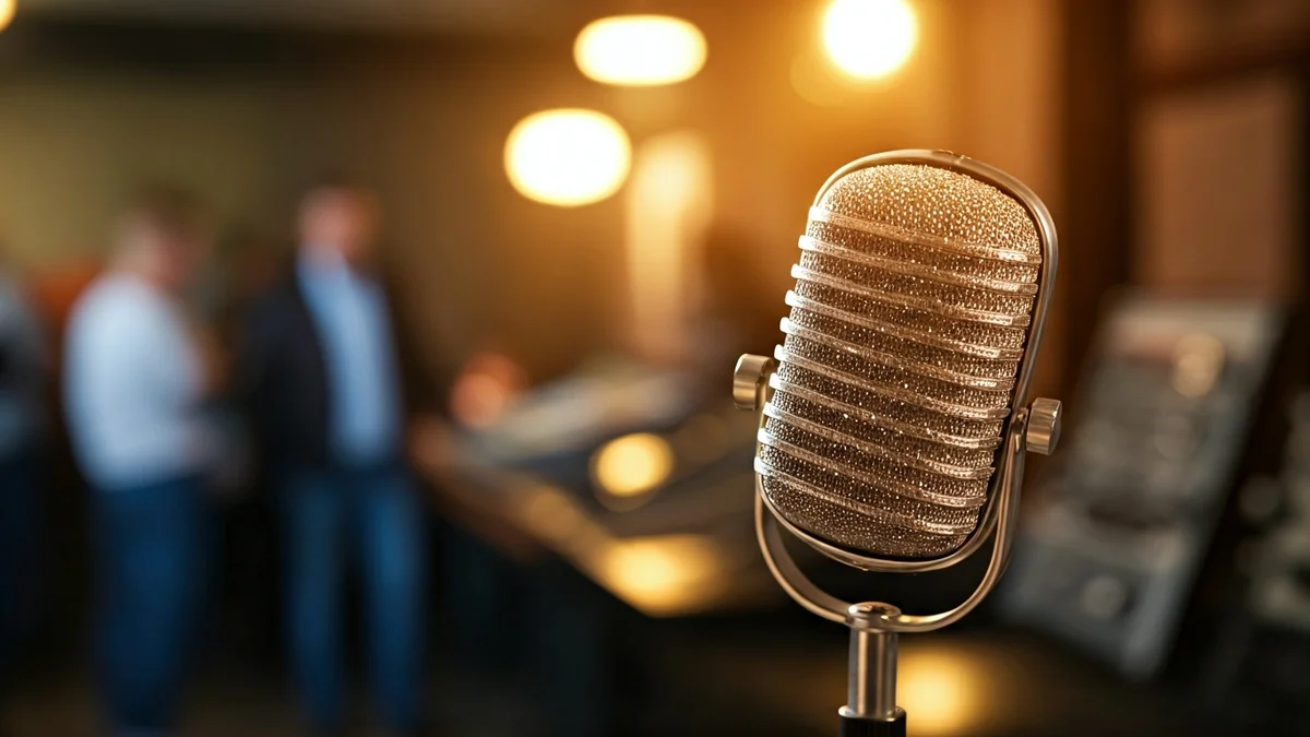 Imagen genérica de un micrófono antiguo en un estudio de radio.