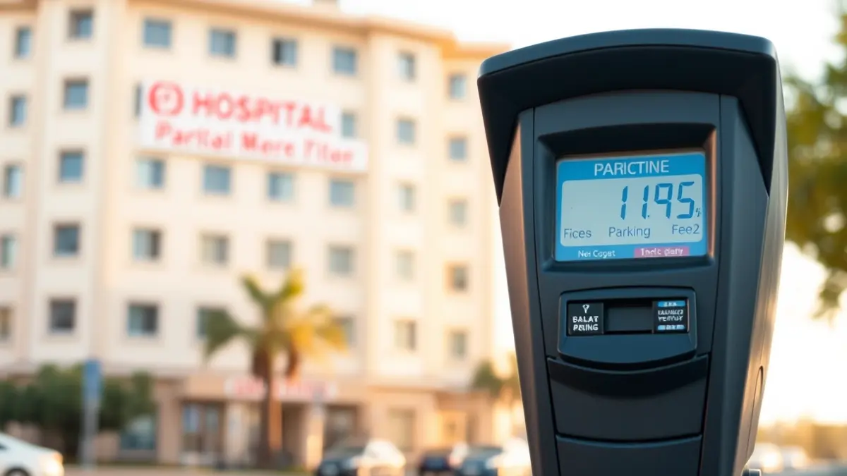 Imagen de un parquímetro con un hospital al fondo, simbolizando el coste del aparcamiento hospitalario.