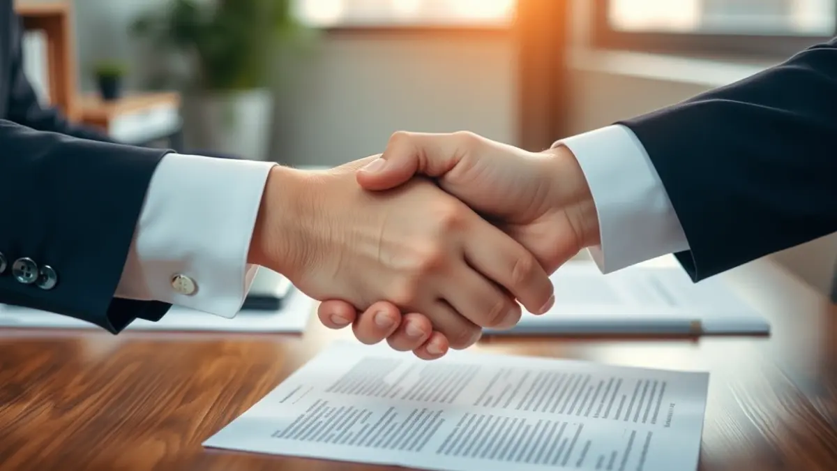 Generic image of two hands shaking in an office setting, symbolizing business agreements.