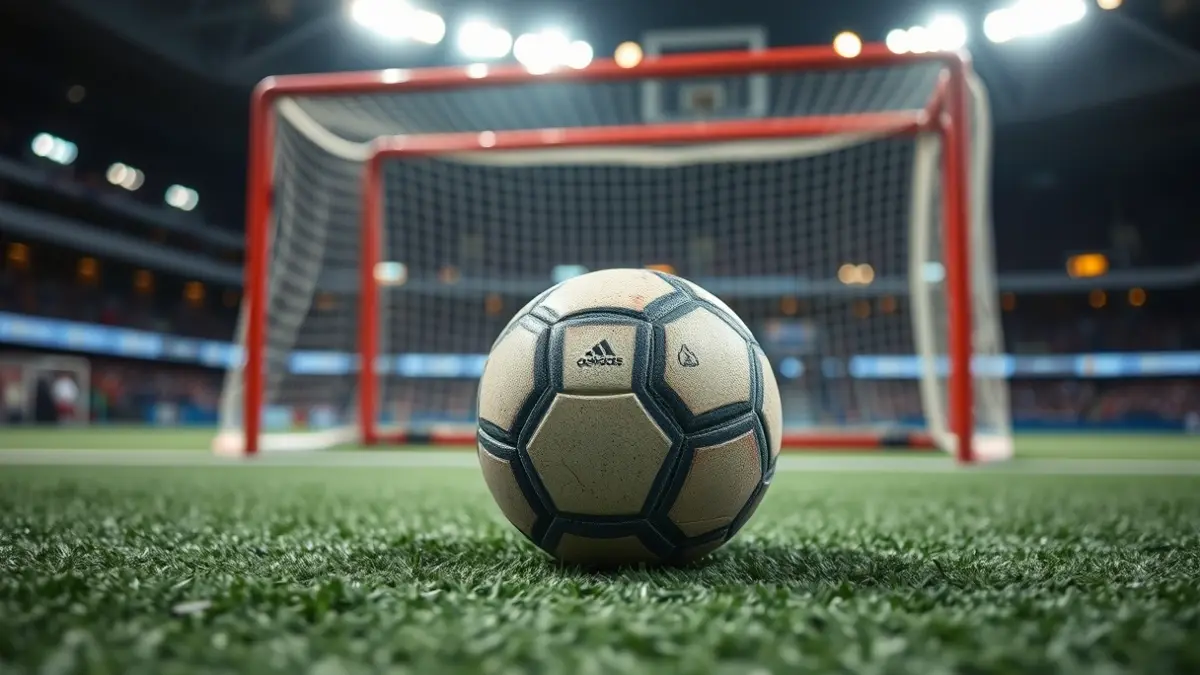 Generic image of a field hockey ball on a pitch, with a blurred goal in the background.