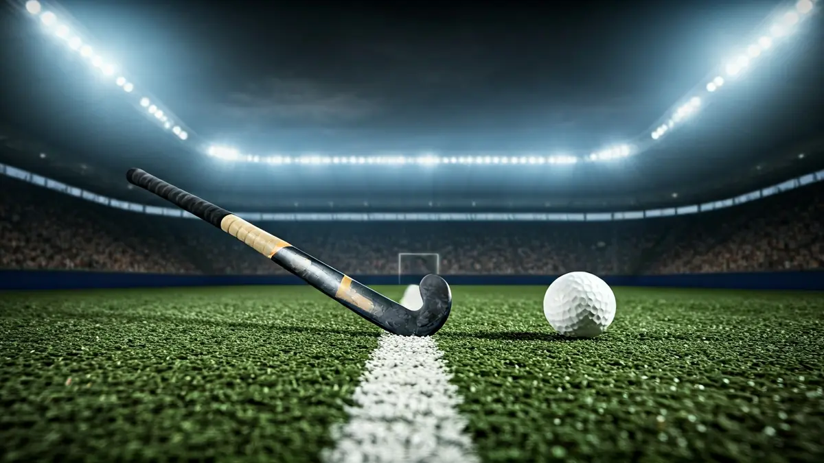 Imagen genérica de un stick y una pelota de hockey hierba en un campo verde.