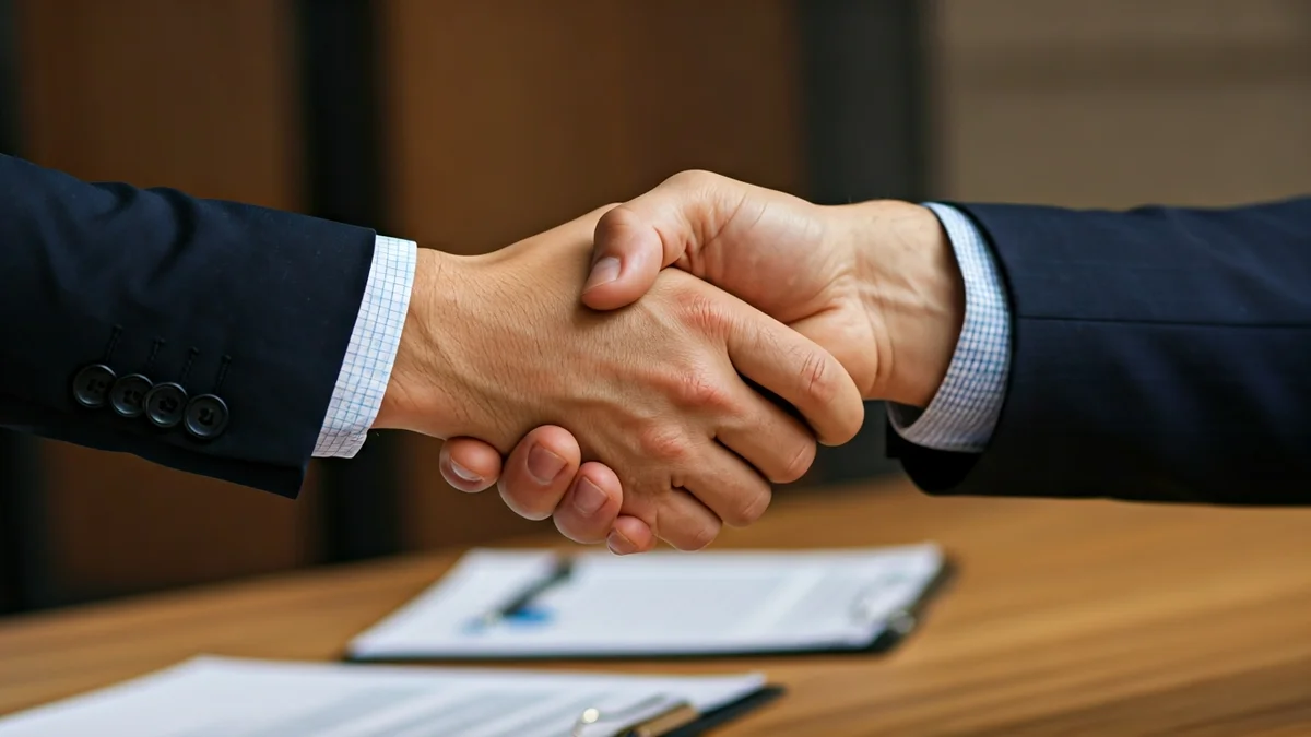 Generic image of two hands shaking over a desk, symbolizing labor agreements.