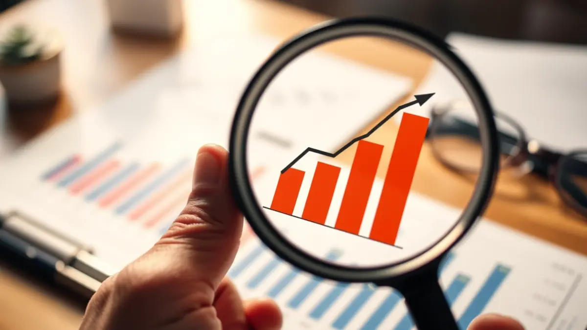 Imatge genèrica d'una mà amb una lupa sobre un gràfic de barres que mostra un augment.