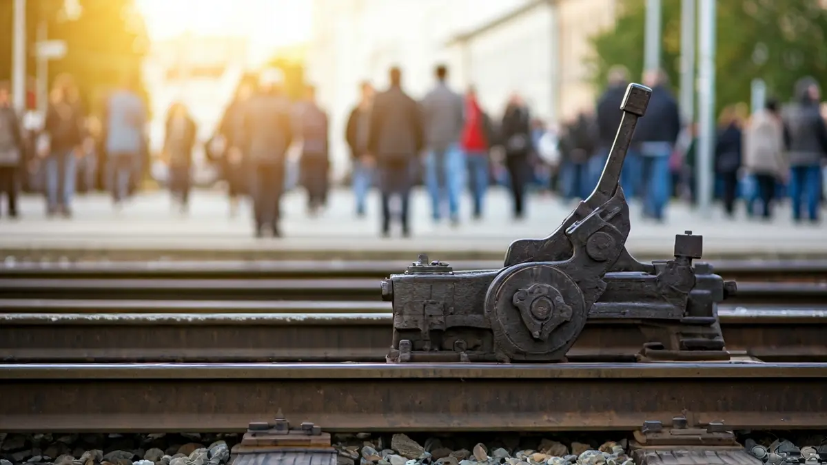 Generic image of a train track switch, with a blurred urban background.