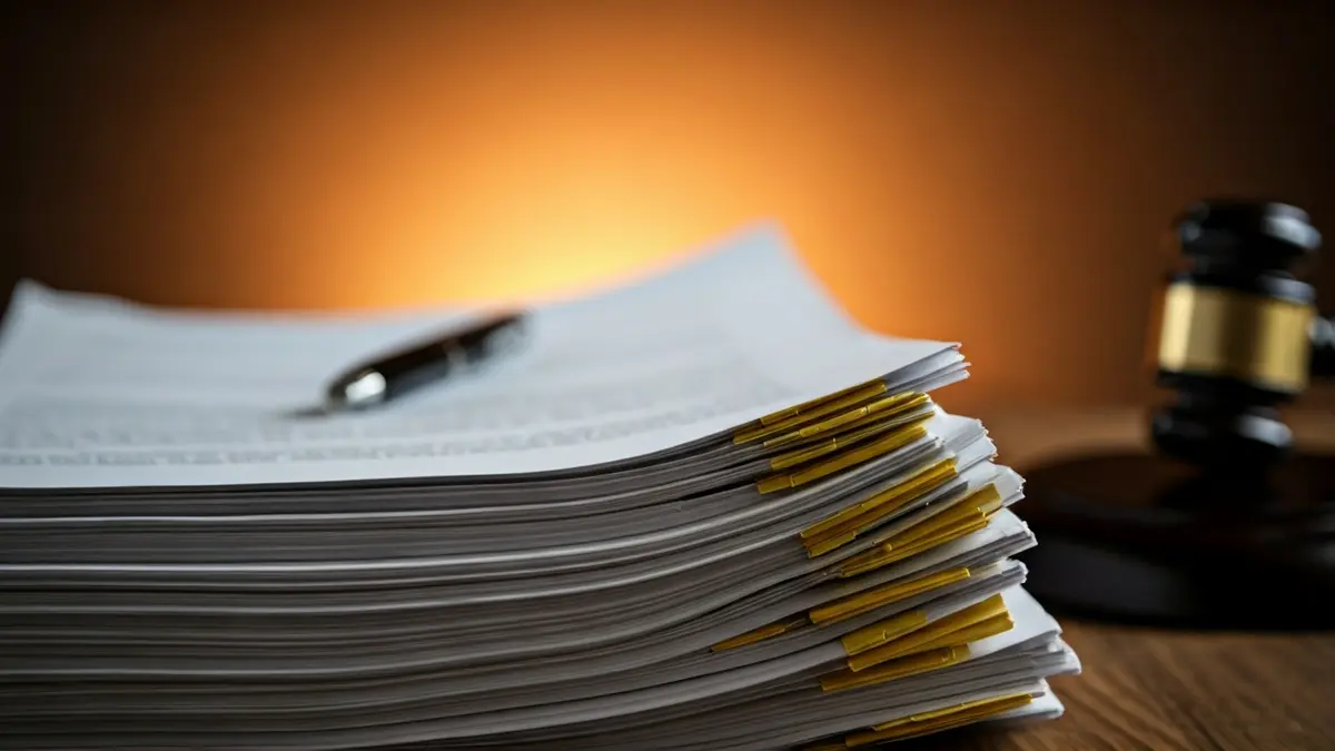 Imagen genérica de documentos legales y un mazo de juez, simbolizando un proceso judicial e insolvencia empresarial.