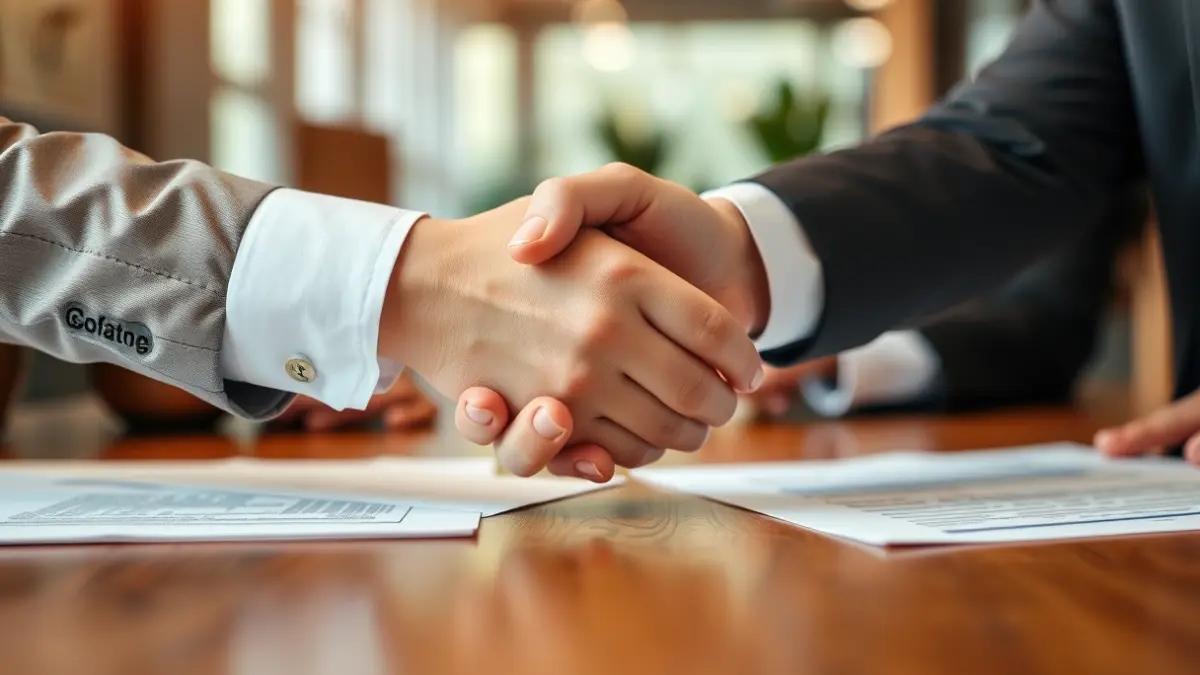 Generic image of two hands shaking over a desk, symbolizing business agreements and generational transitions.