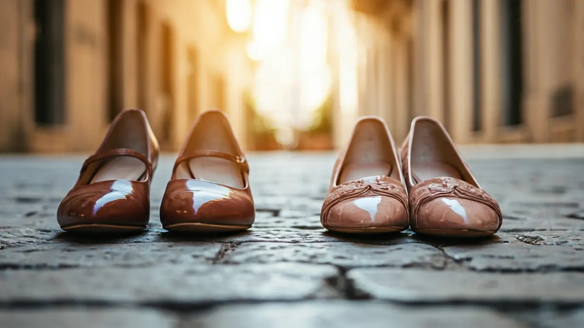 Imagen genérica de dos pares de zapatos idénticos en una calle empedrada.