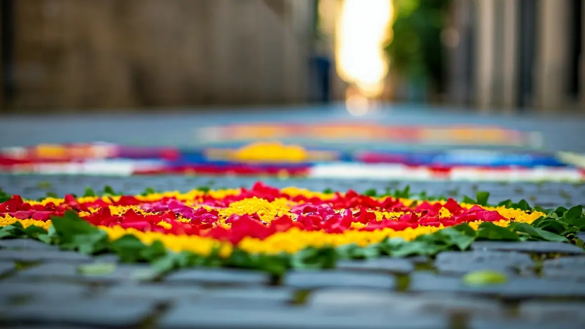 Generic image of an intricate flower carpet design on a stone street.