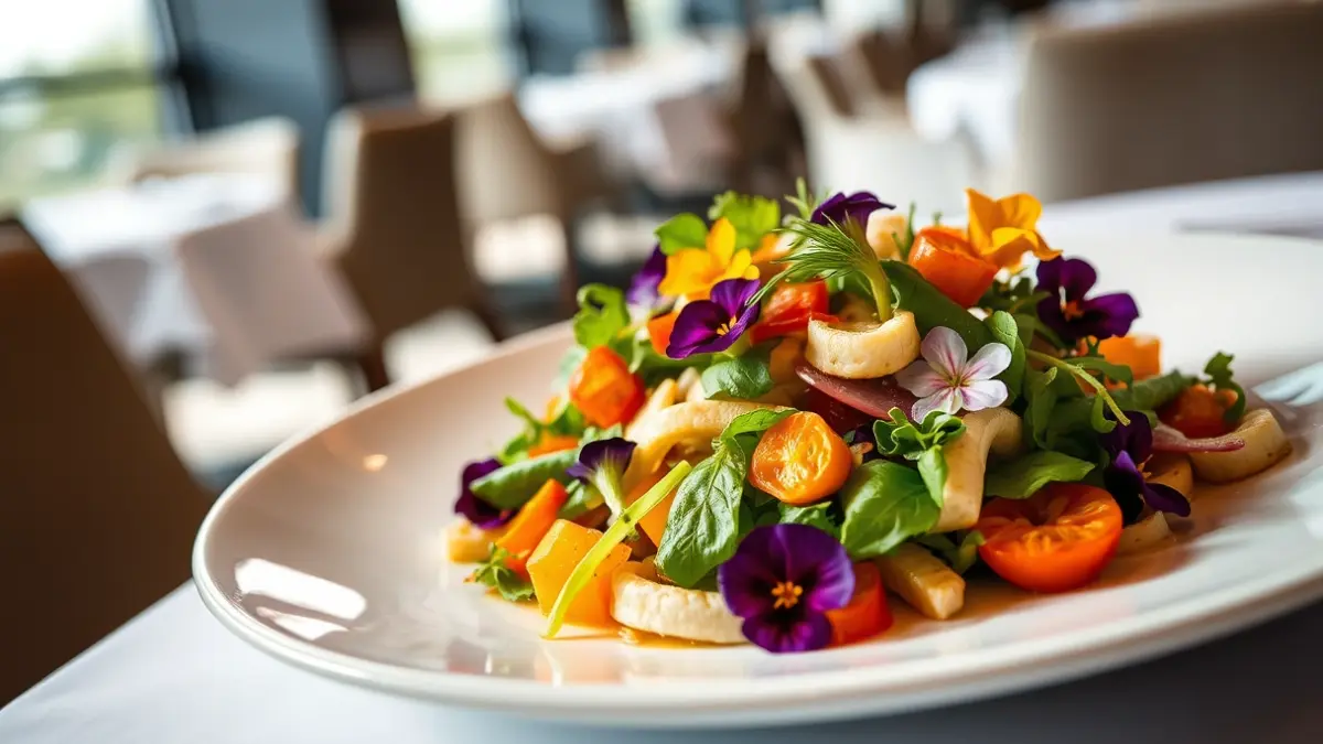 Author's cuisine dish with vegetables and edible flowers
