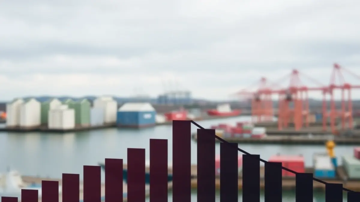 Imagen genérica de un gráfico de barras con tendencia a la baja, con un paisaje industrial y portuario al fondo.