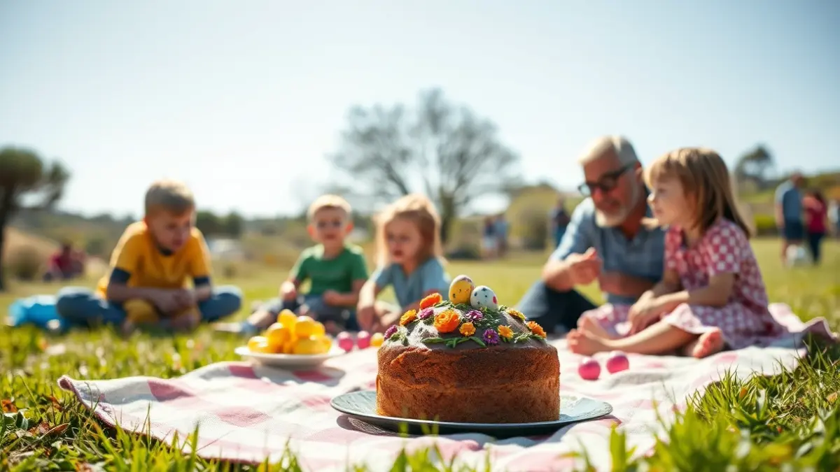 Generic image of families enjoying a sunny day outdoors, eating the Mona de Pascua.