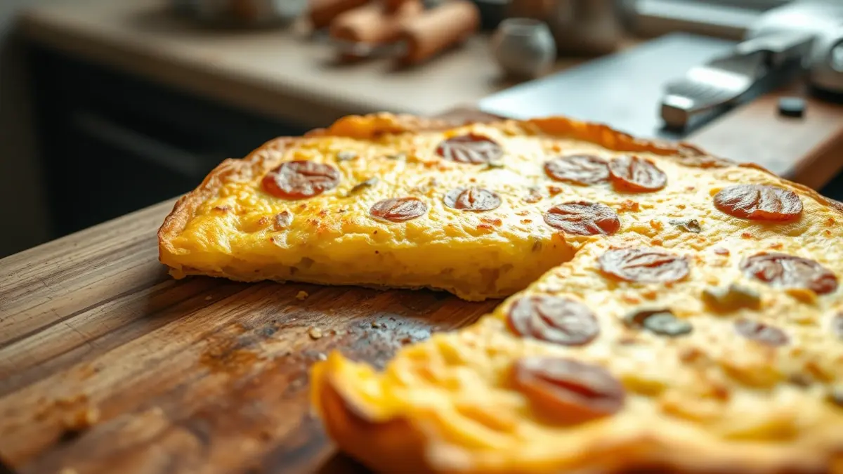 Imatge genèrica d'una truita de patates acabada de fer en un entorn rústic.