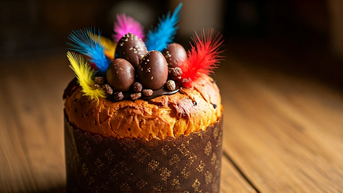 Image of an Easter cake with chocolate eggs and colorful feathers.