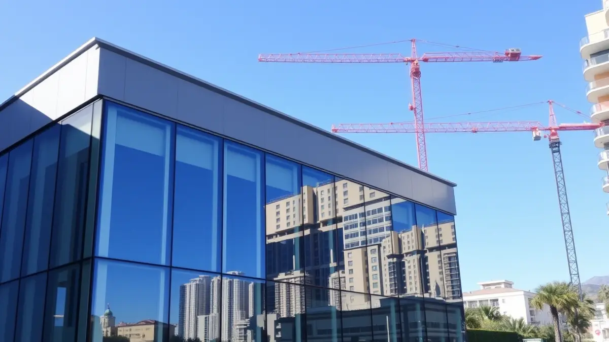 Modern office building facade with panoramic city views.