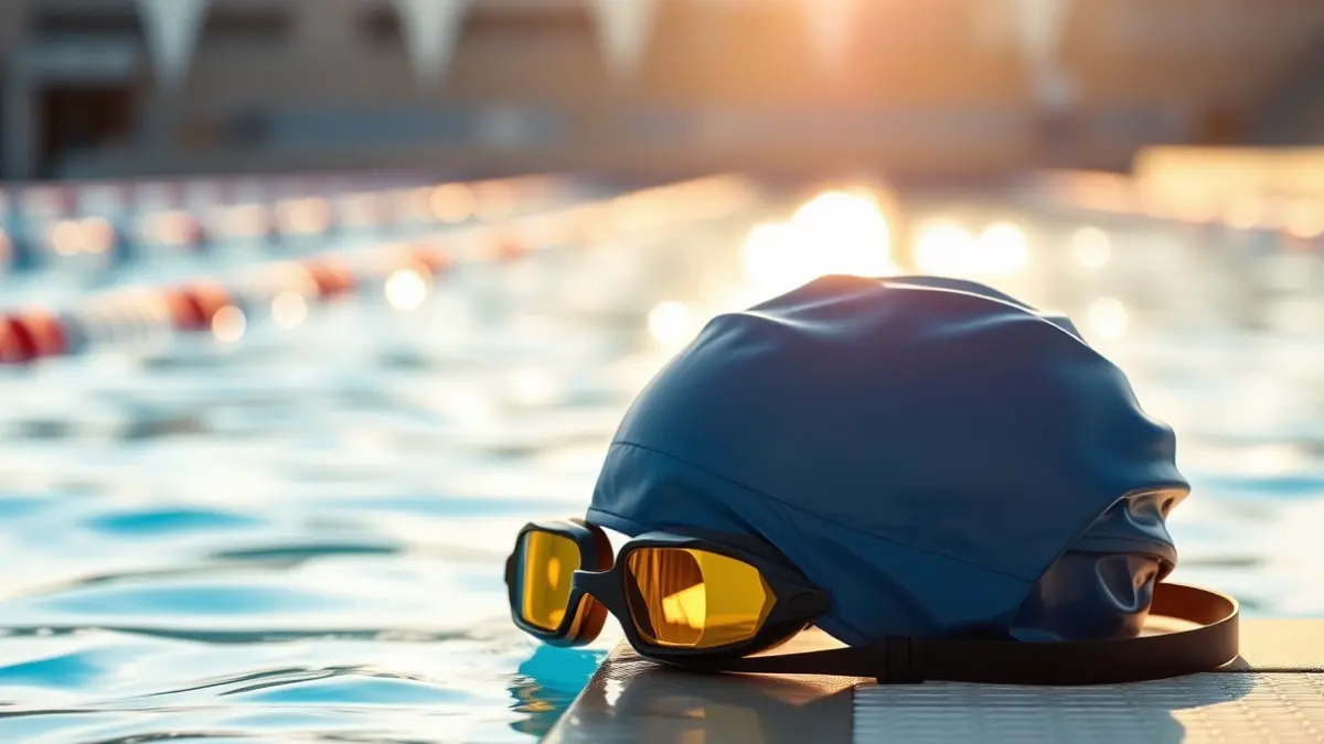 Imatge genèrica d'equipament de natació, amb gorra i ulleres a la vora d'una piscina.
