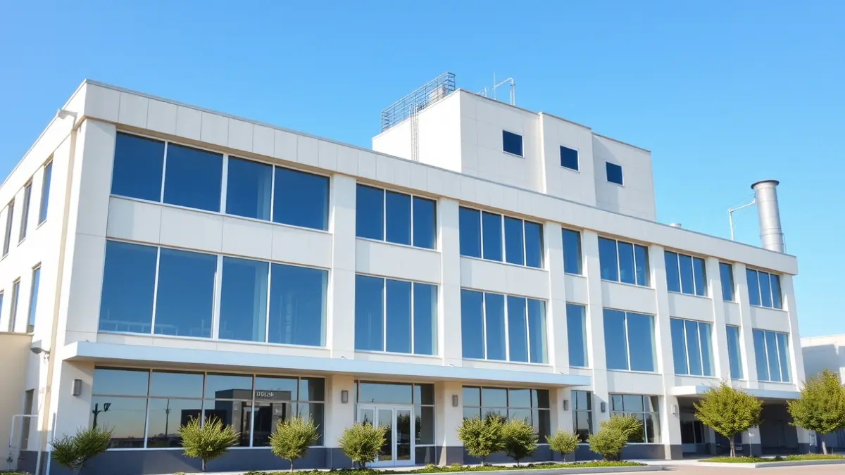 Imagen de un edificio industrial moderno, representando un matadero.