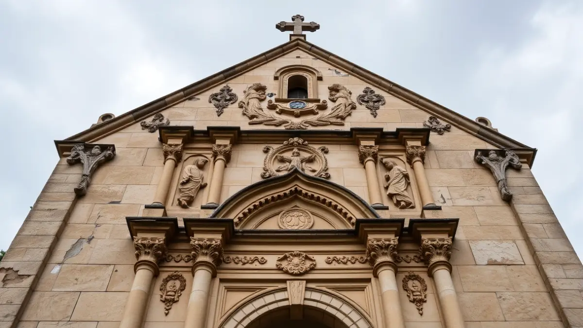 Stone facade of a Gothic church showing signs of deterioration.